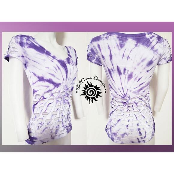 PURPLE WONDER - MEDIUM - White and Purple Tie Dyed Loose Fit V-Neck Top and Cuts - Picture 2 of 6
